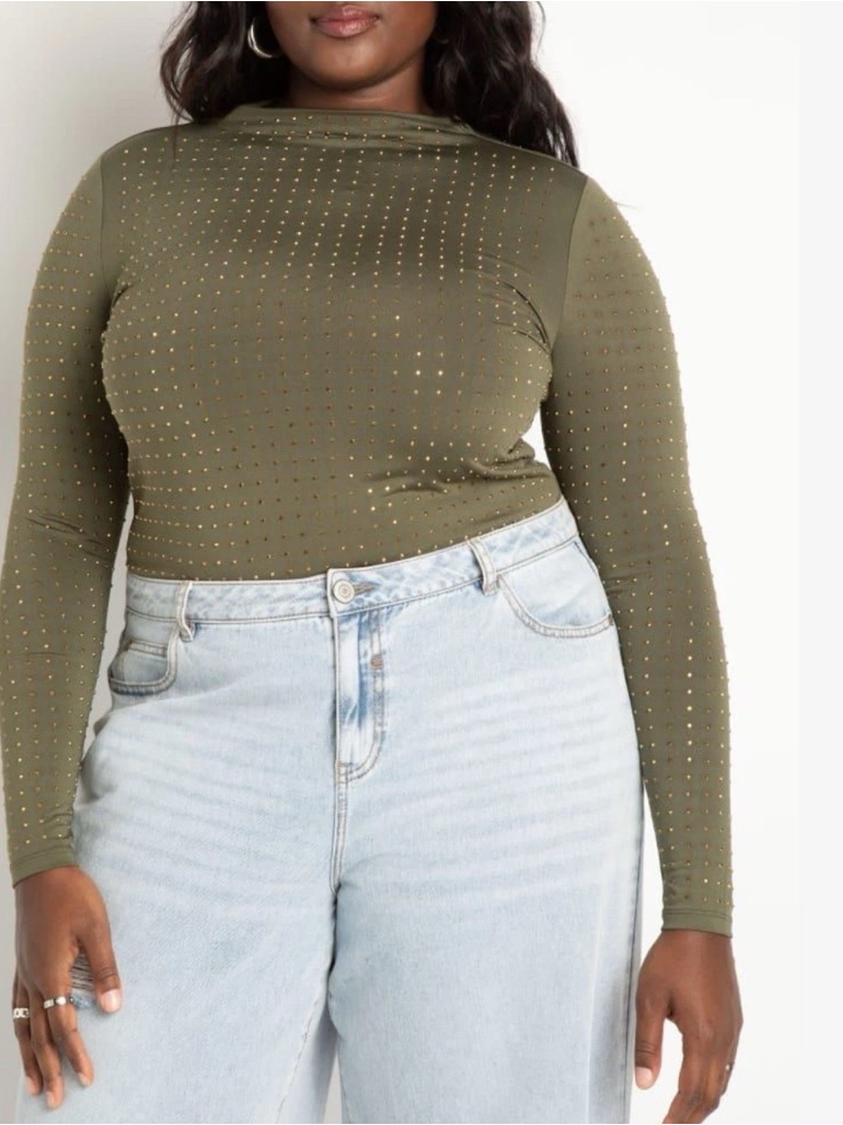 Eloquii Rhinestone Funnel Neck Top Olive Green Plus Size 22/24